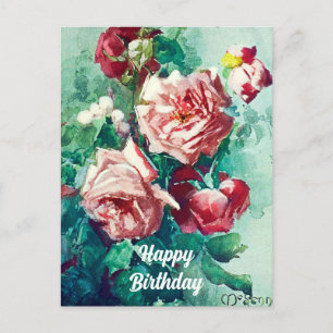 Cartão Postal Pintura em aquarela de rosas cor-de-rosa elegantes