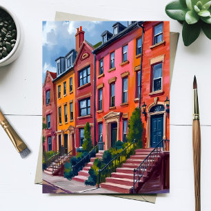 Cartão Postal Pintura em Aquarela de Rua da Cidade com Brownston