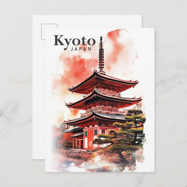 Cartão Postal Pintura em aquarela de viagem de Kyoto Japão (Frente/Verso)