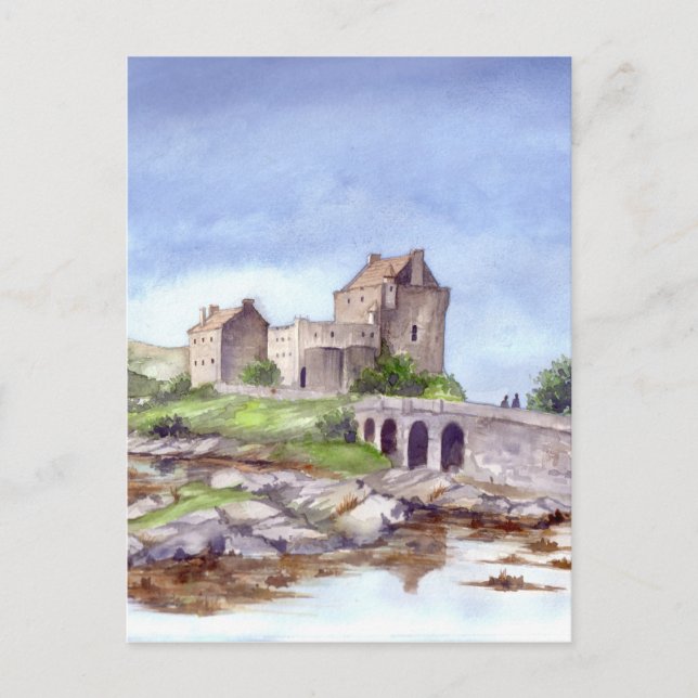 Cartão Postal Pintura em Aquarela do Castelo de Eilean Donan (Frente)
