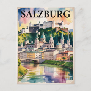 Cartão Postal Pintura em Aquarela do Castelo de Salzburgo Áustri