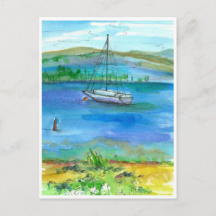 Cartão Postal Pintura em Aquarela do Lago Sail Boat Mountain