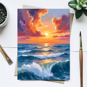 Cartão Postal Pintura em Aquarela do Mar Brilhante ao Pôr do Sol