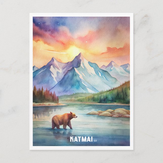 Cartão Postal Pintura em Aquarela do Parque Nacional Katmai (Frente)