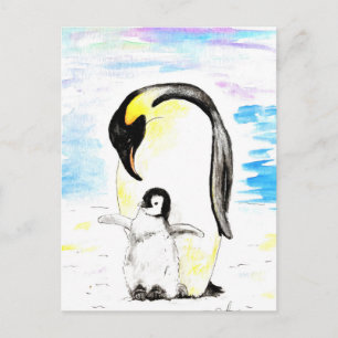 Cartão Postal Pintura em Aquarela do Pinguim Imperador e do Filh