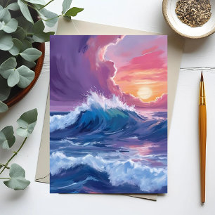 Cartão Postal Pintura em Aquarela do Pôr do Sol com Ondas do Oce