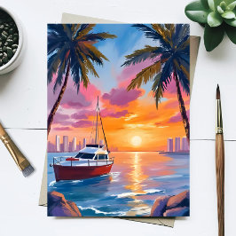 Cartão Postal Pintura em Aquarela do Pôr do Sol na Baía de Barco