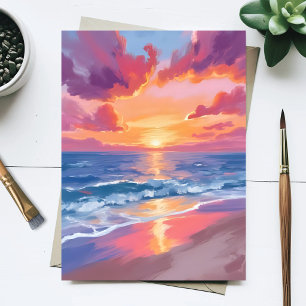 Cartão Postal Pintura em Aquarela do Pôr do Sol no Oceano Ondas 