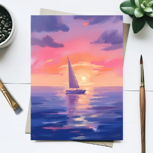 Cartão Postal Pintura em Aquarela do Pôr do Sol Pastel Roxo
