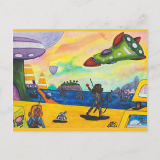 Cartão Postal Pintura em Aquarela Espaçonave Planeta Porto Espac