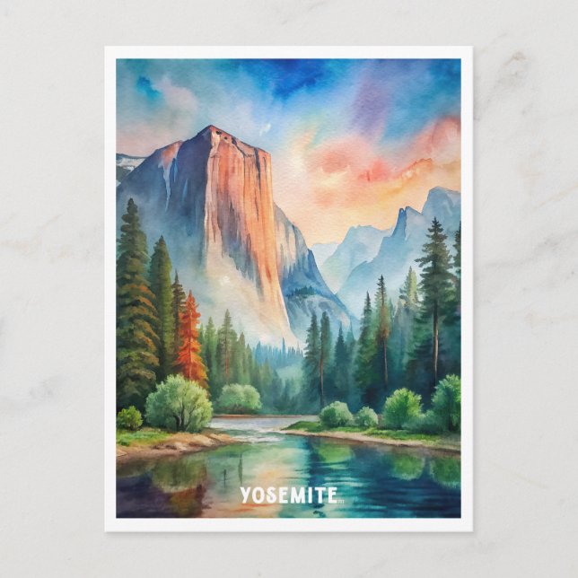 Cartão Postal Pintura em Aquarela no Parque Nacional de Yosemite (Frente)