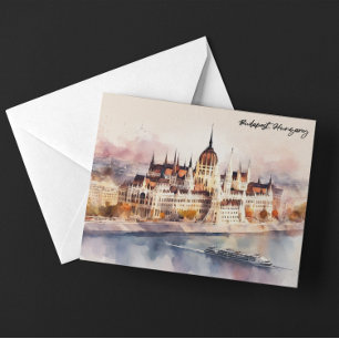 Cartão Postal Pintura em Aquarela Vista Panorâmica de Budapeste