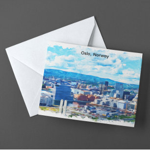 Cartão Postal Pintura em Aquarela Vista Panorâmica de Oslo Norue