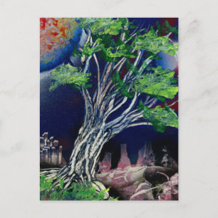 Cartão Postal Pintura em árvore com cidade azul e sol laranja