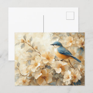 Cartão Postal Pintura em árvore de flores de pássaros azuis