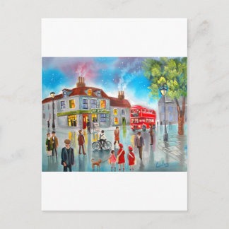 Cartão Postal Pintura em cena de ônibus vermelho de dois andares