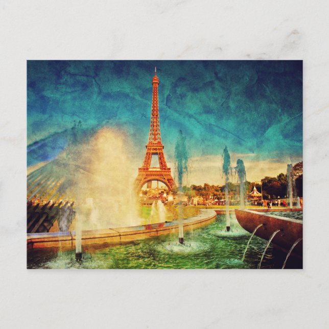 Cartão Postal Pintura em Paris com Tour eiffel e fonte (Frente)