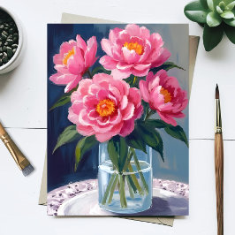 Cartão Postal Pintura Floral Buquê de Peônia Flores Cor-de-Rosa