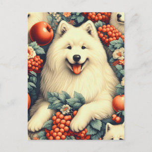 Cartão Postal Pintura Floral Cute Samoyed