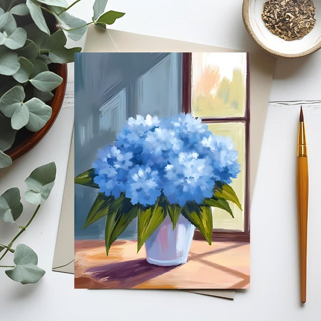 Cartão Postal Pintura Floral de Buquê de Hortênsia Azul (Criador carregado)