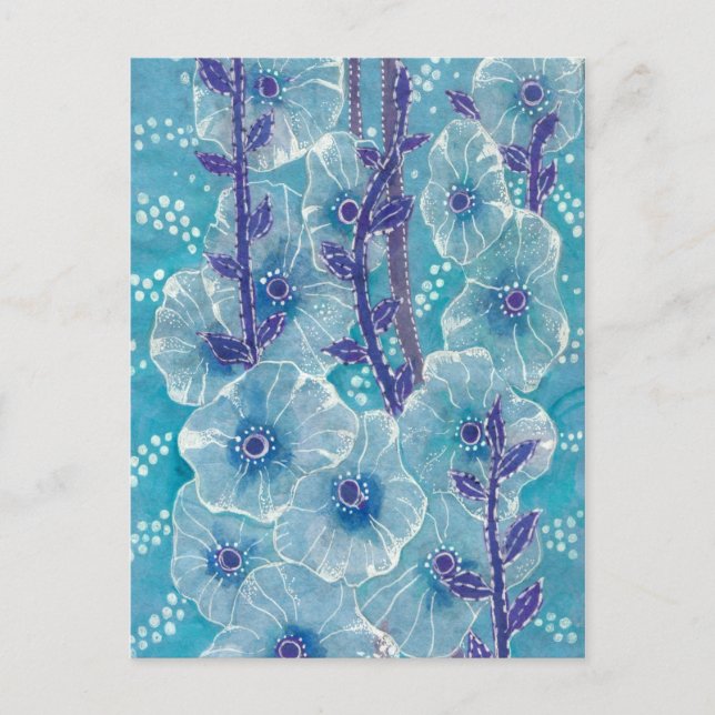 Cartão Postal Pintura Floral de Flor Malva Azul Hollyhock (Frente)