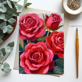 Cartão Postal Pintura Floral de Rosas Vermelhas