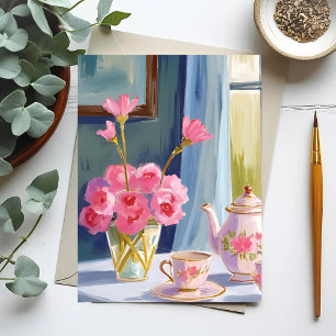 Cartão Postal Pintura Floral Festa do Chá Flor de Rosa