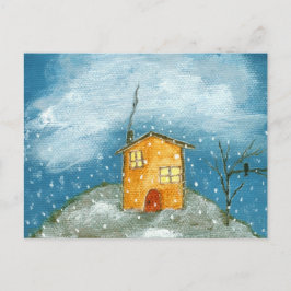 Cartão Postal Pintura Folclórica de Árvore de Neve em Casa Branc