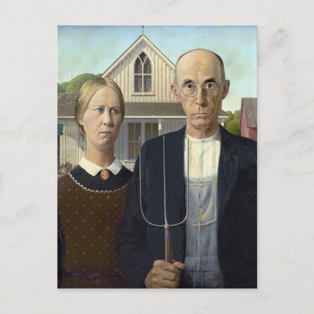 Cartão Postal Pintura gótico americana por Grant Wood (Frente)