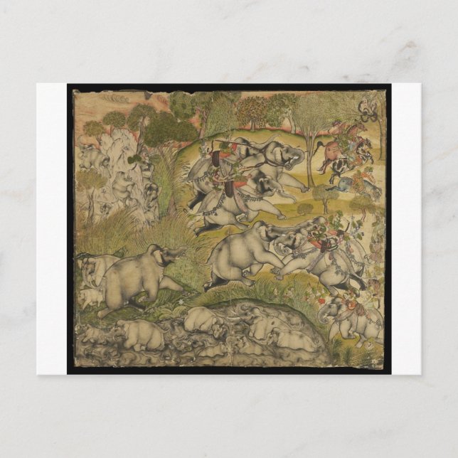 CARTÃO POSTAL PINTURA INDIANA ANTIGA - GUERRA EM ELEFANTES (Frente)