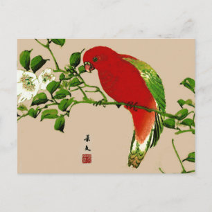 Cartão Postal Pintura Japonesa Antiga de um Papagaio, Vermelho e