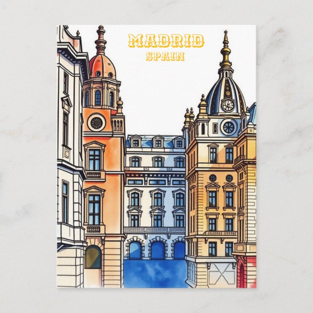 Cartão Postal Pintura por Aquarela da Espanha Madrid (Frente)