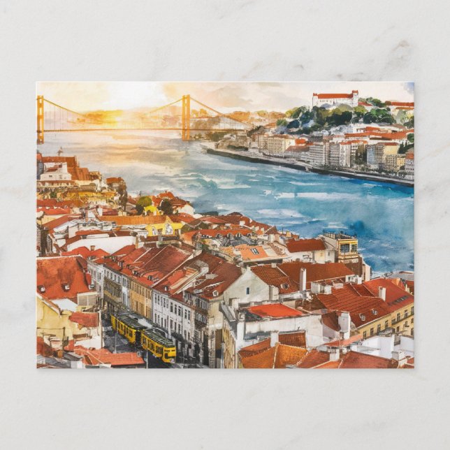 Cartão Postal Pintura Por Aquarela De Lisboa (Frente)