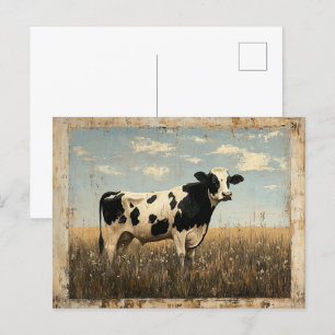 Cartão Postal Pintura russa de uma vaca num campo iluminado pelo