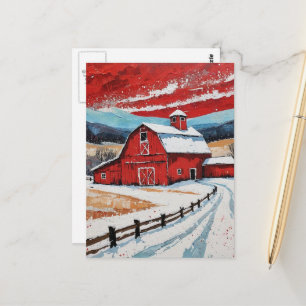 Cartão Postal Pintura Única de Celeiro Vermelho de Inverno