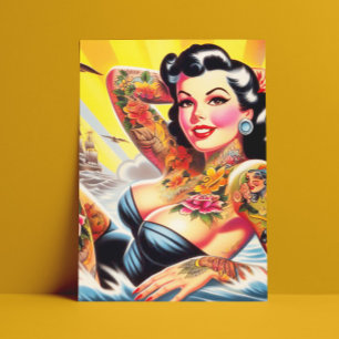 Cartão Postal Pinup de tatuagem de praia do Vintage