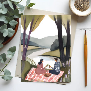 Cartão Postal Piquenique à Beira-Lago   Pintura em Aquarela da N