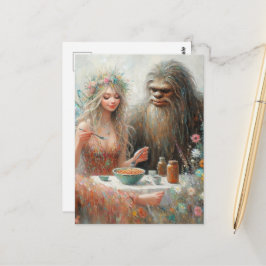 Cartão Postal Piquenique de Espaguete da Fada e do Sasquatch