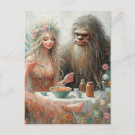 Cartão Postal Piquenique de Espaguete da Fada e do Sasquatch