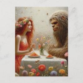 Cartão Postal Piquenique de Espaguete da Fada e do Sasquatch
