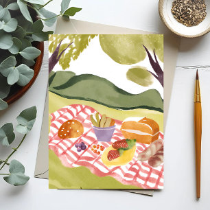 Cartão Postal Piquenique na Encosta Paisagem em Aquarela