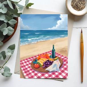 Cartão Postal Piquenique na Praia   Pintura da Costa do Oceano