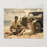 Piquenique retrô dos anos 1930 na praia ao lado de