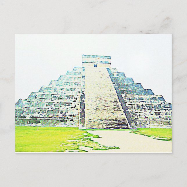 Cartão Postal Pirâmide De Chichen Itza Watercolor Design (Frente)