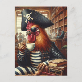 Cartão Postal Pirata de galo com café em uma livraria