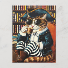 Cartão Postal Pirata de gatinho com café em uma livraria