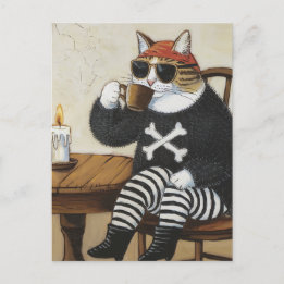Cartão Postal Pirata de Gatinho doce em café de suéter preto fel