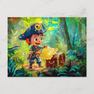 Cartão Postal Pirata Pequeno com Mapa do Tesouro e Cofre
