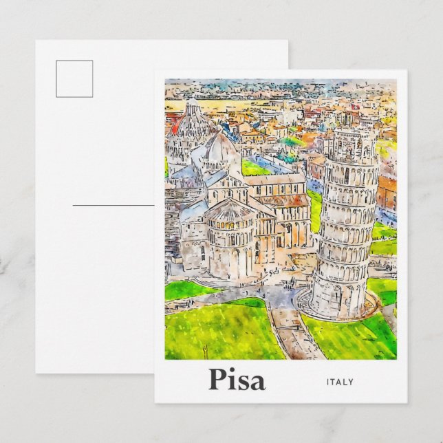 Cartão Postal Pisa Itália Desenho Da Mão De Desenho De Aquarela (Frente/Verso)