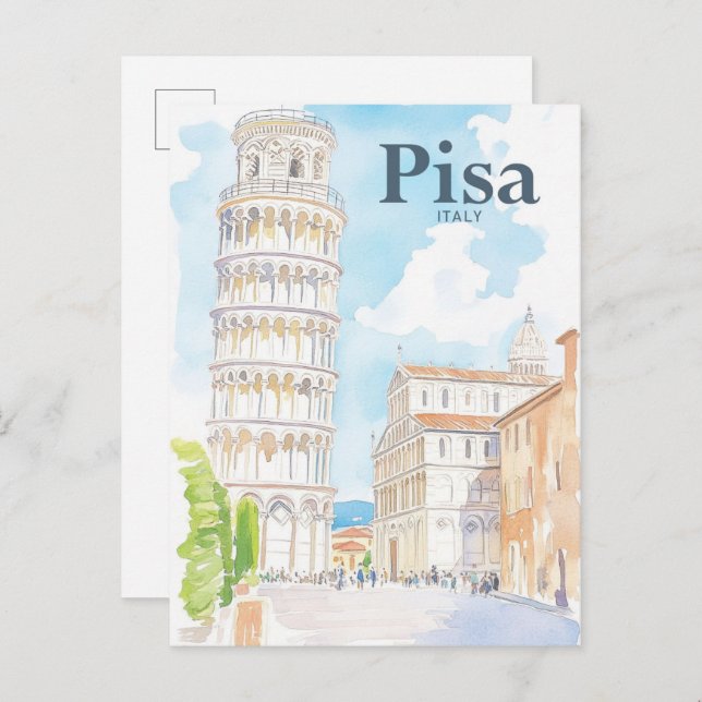 Cartão Postal Pisa Itália Watercolor Painting Viagem (Frente/Verso)